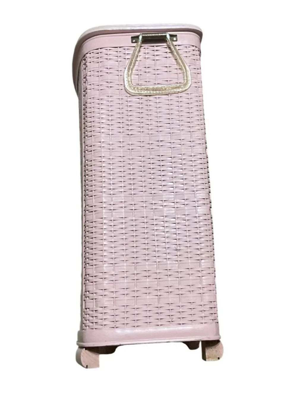 Vintage 1970s Pink Wicker Laundry Hamper Lucite Handles Plastic Covered Lid